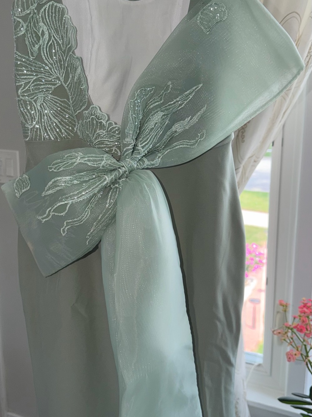 Portia and Scarlett Sage Green Formal Dress with Embroidered Organza Bow